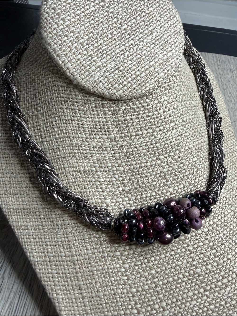 Chico's Braided Gunmetal Necklace with Purple and Black Bead Cluster